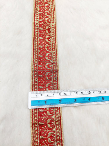 Red Art Silk Trim In Gold Floral Embroidery, Embroidered Flowers Border, Approx. 50mm wide, Decorative Trim, Trim by Yard |9 Yards